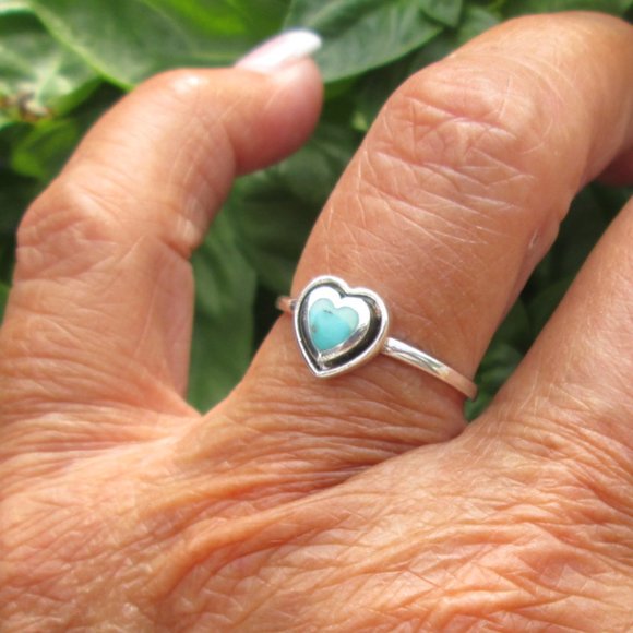 Dainty Turquoise Heart Ring>925 Sterling Silver ring,Genuine Turquoise Ring - Picture 2 of 4